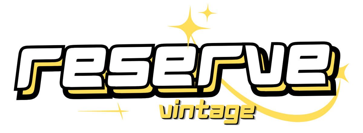 A stylized graphic logo reading 'reserve vintage' in white, black, and yellow on a plain white background.